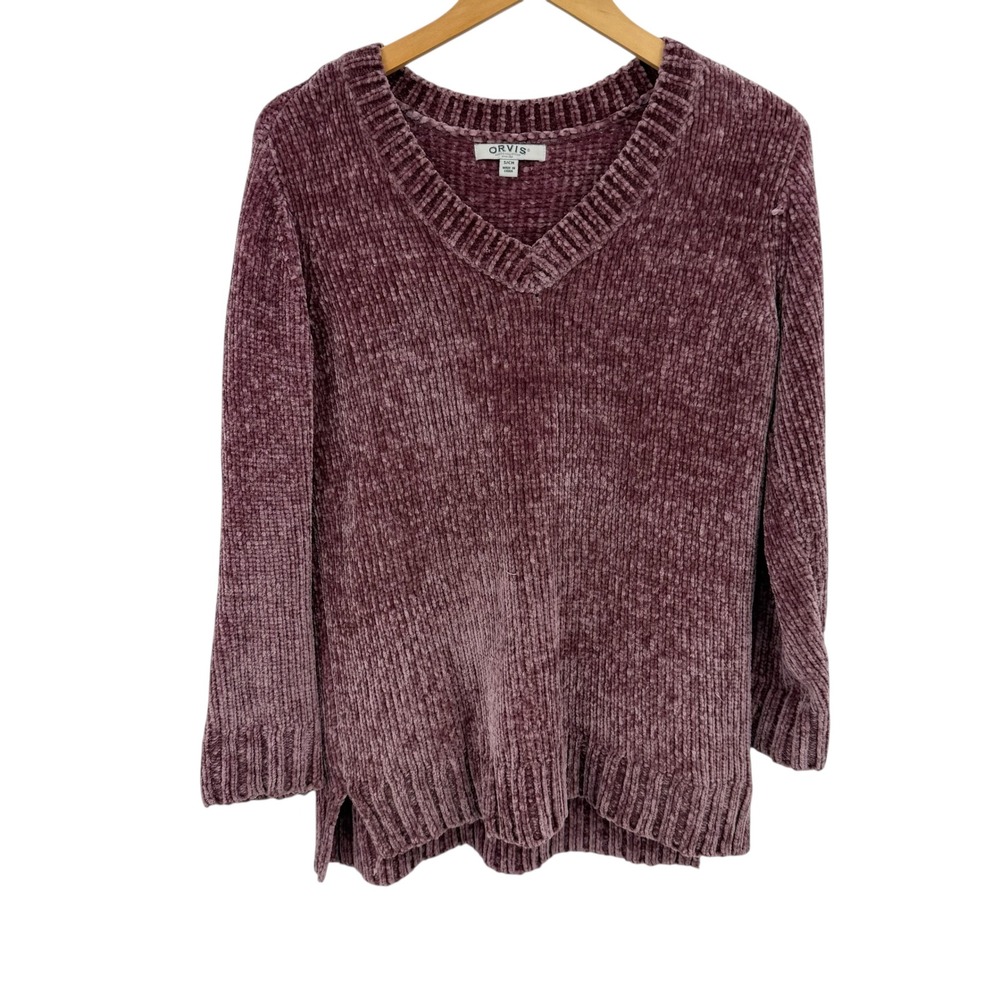 Orvis Chenille V-Neck Sweater Women Sz S Purple Soft Knit Casual Cozy Fall Plush